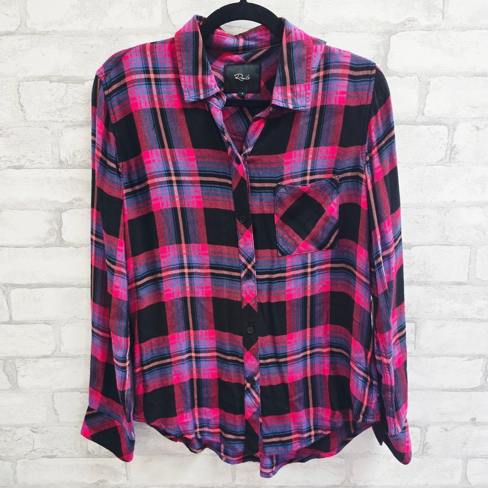 Rails Hunter Plaid Button Down Shirt Black Coral Teal Pink Rayon Small